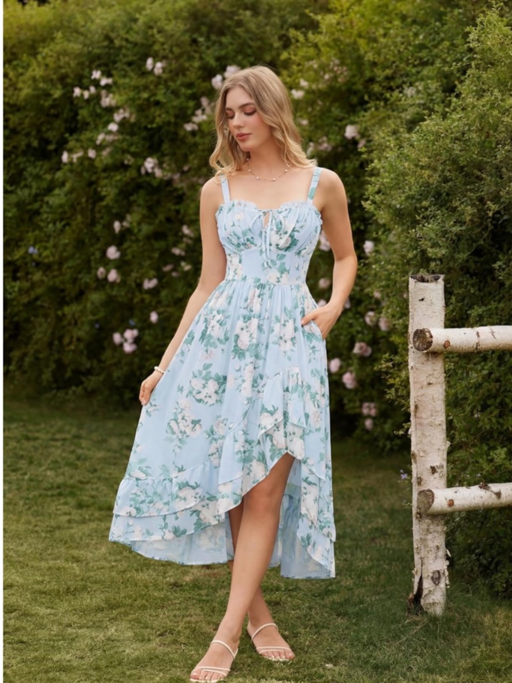 Light Blue Floral High-Low Sundress with Adjustable Straps